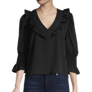 French Connection Smocked Ruffle Trim Top Size L Black 3/4 Puff Sleeve Girl Boss
